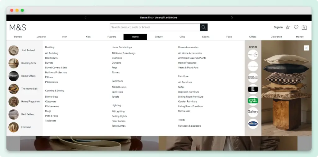 Marks and Spencer mega menu navigation showing organized product categories to improve user findability.