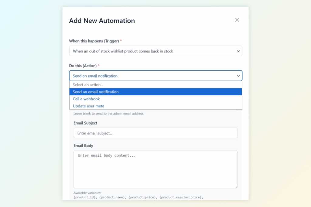 Setting up an automation trigger in SaveTo Wishlist Pro to send email notifications when a product comes back in stock.