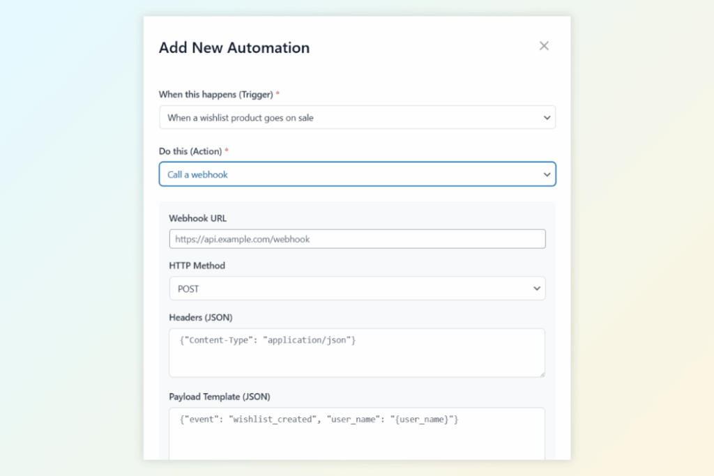 Configuration screen for webhooks in SaveTo Wishlist Pro, showing JSON payload and HTTP POST method settings.