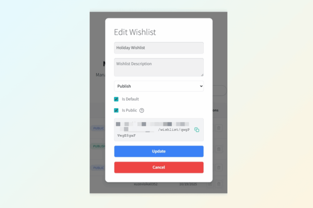SaveTo Wishlist Pro interface for managing wishlist privacy settings and generating a unique public sharing link.