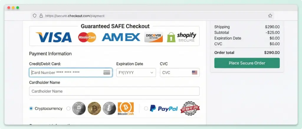 Checkout page displaying ecommerce trust signals including Visa, Mastercard, and secure payment badges.
