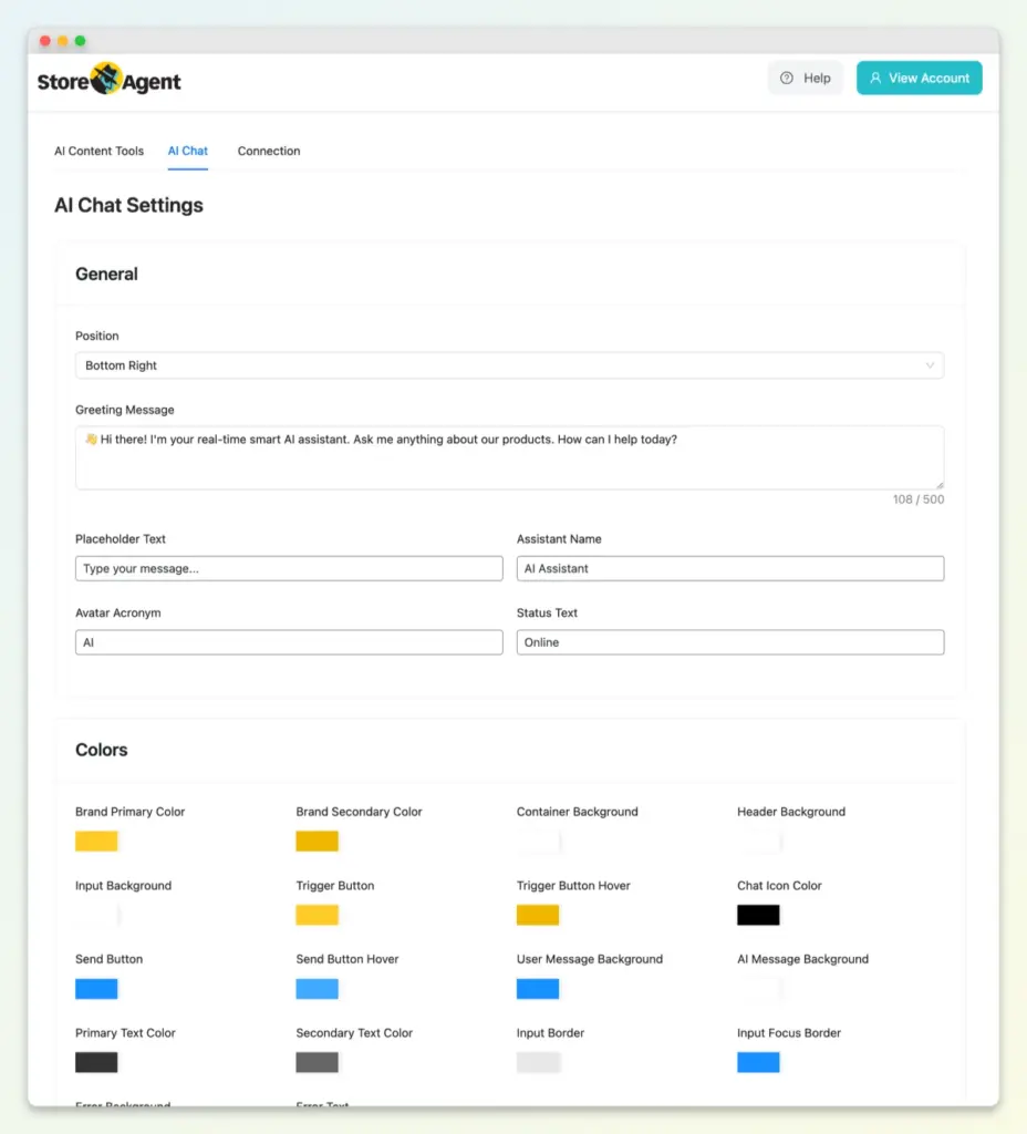StoreAgent AI chat settings dashboard for customizing appearance and greeting messages.