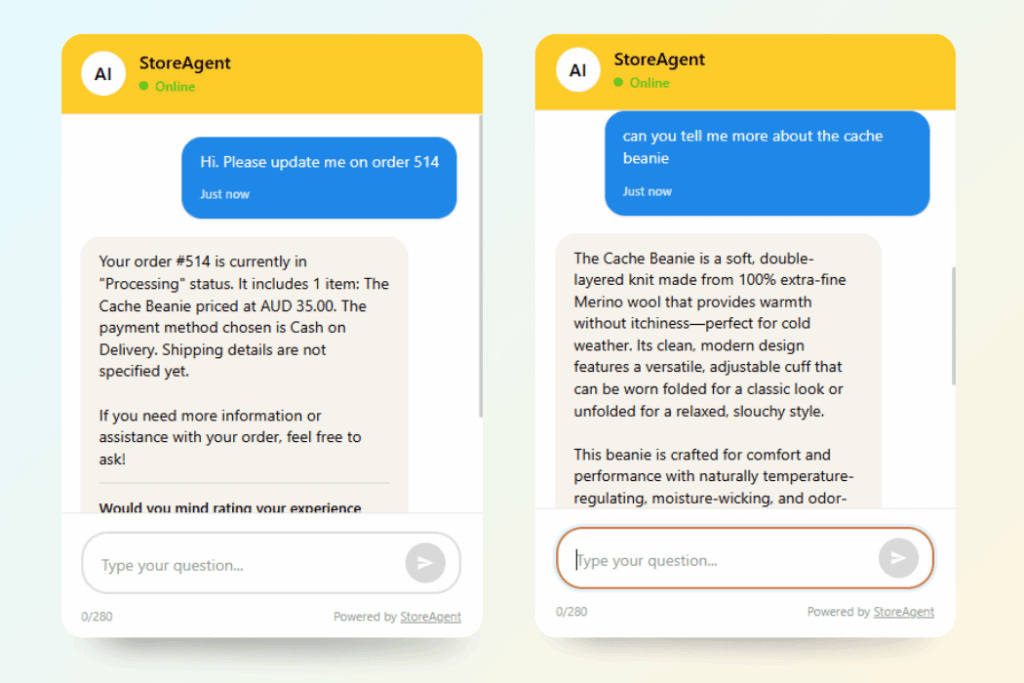StoreAgent AI chatbot conversation showing real-time product recommendations and order tracking for WooCommerce customers