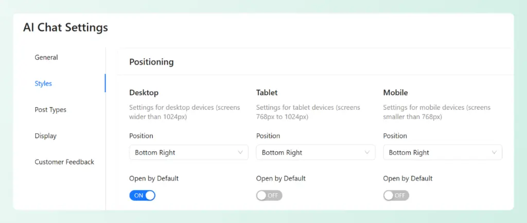StoreAgent AI chat settings dashboard for customizing chat widget positioning and visibility across different devices.