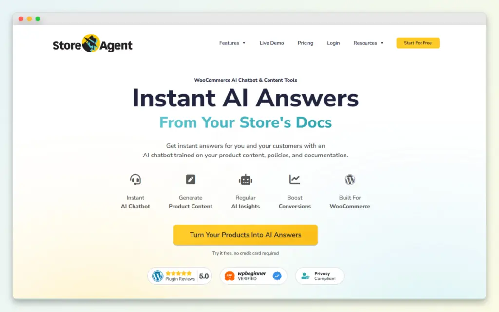 StoreAgent homepage featuring WooCommerce AI chatbot and product content tools.