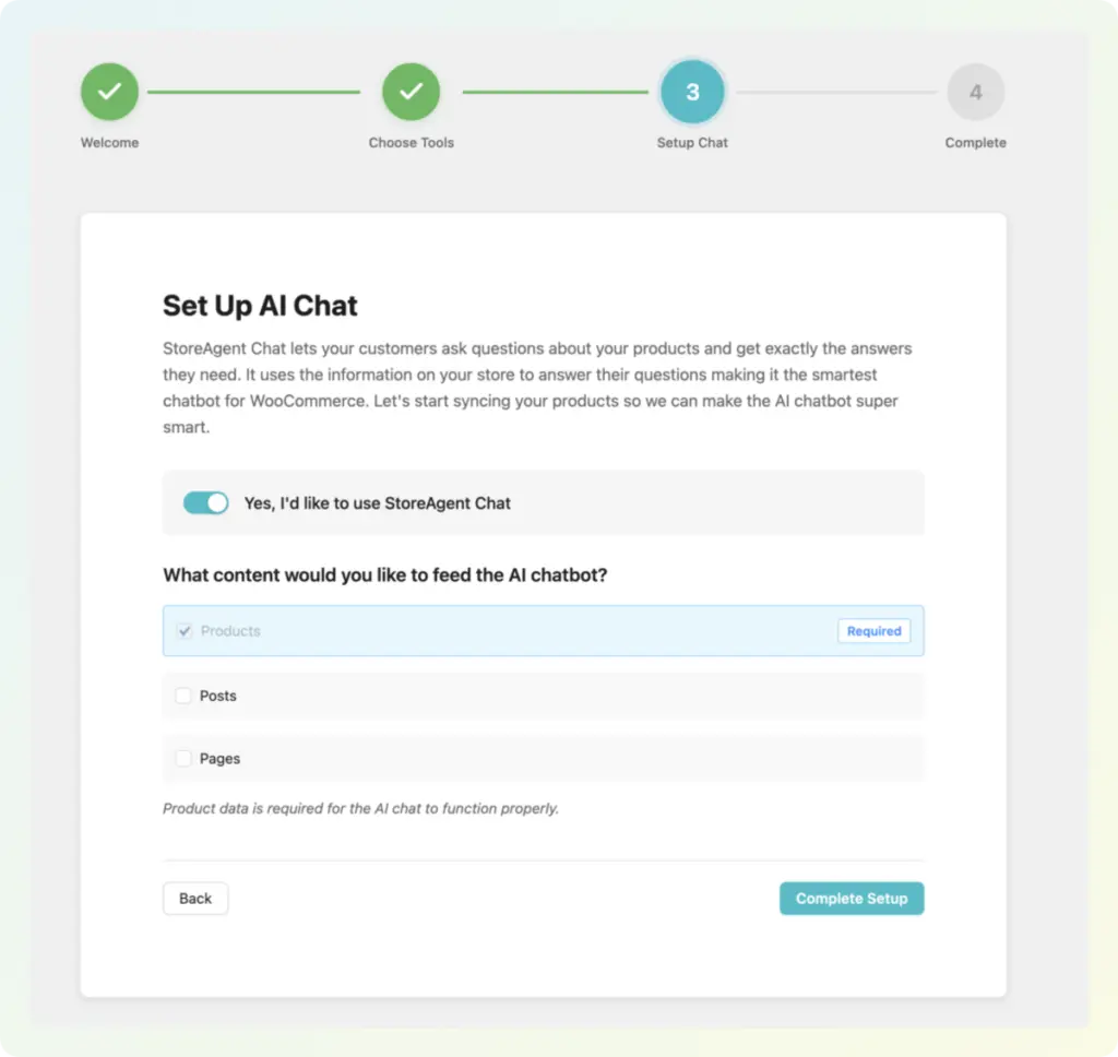 StoreAgent onboarding wizard screen for setting up the AI chat widget and syncing product data.