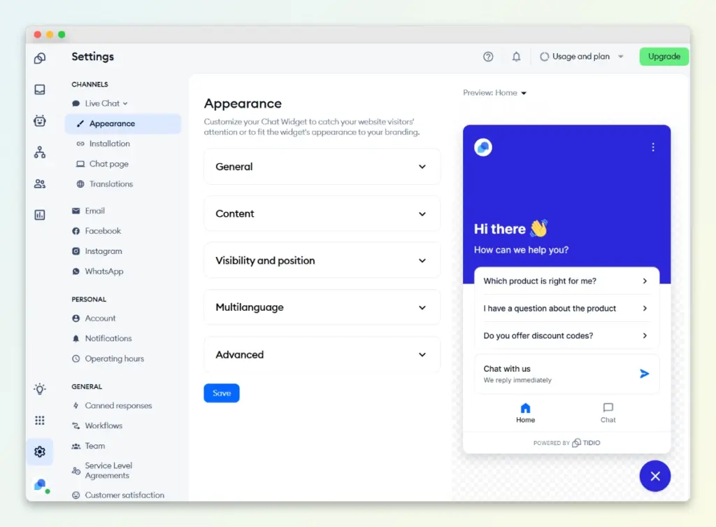 Tidio chat widget appearance settings including visibility and multilingual options.