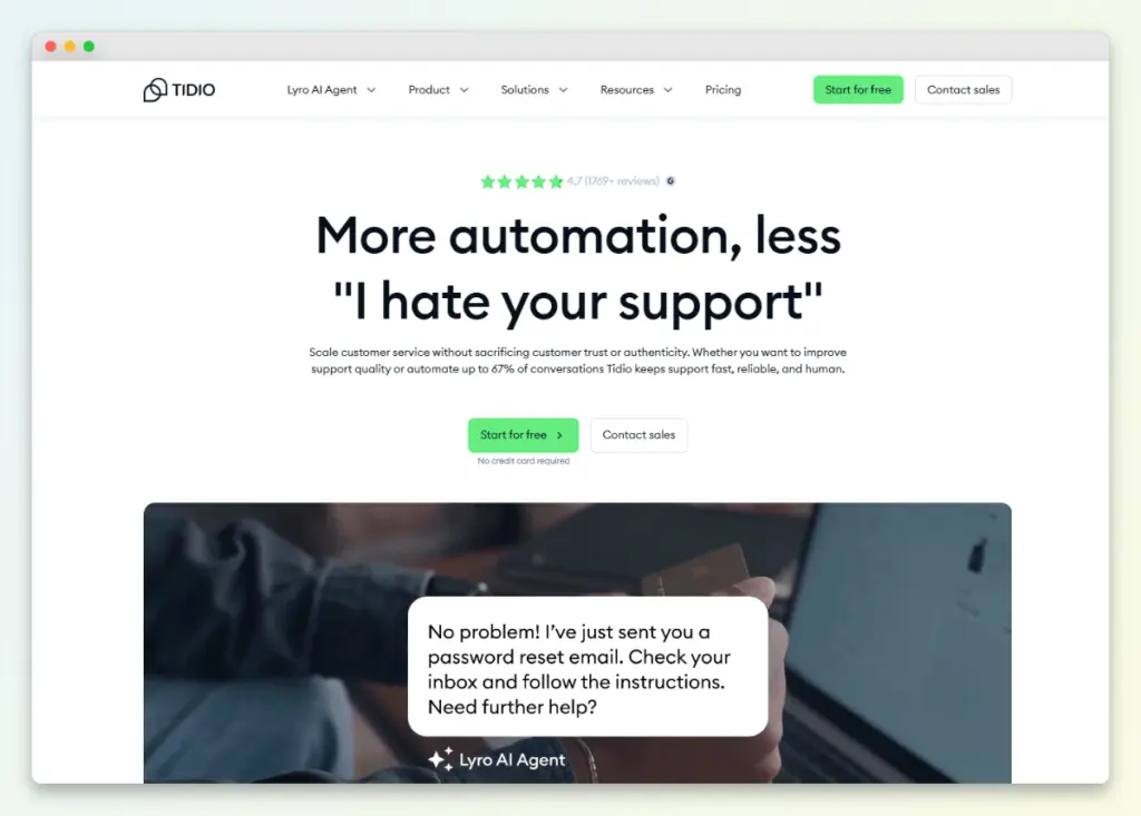 Tidio homepage marketing its Lyro AI Agent and customer service automation.