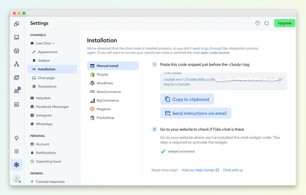 Tidio manual installation settings showing the JavaScript code snippet for website integration.
