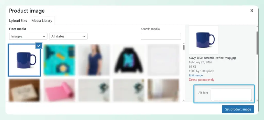 WooCommerce media library interface showing an empty alt text field for a navy blue ceramic coffee mug.