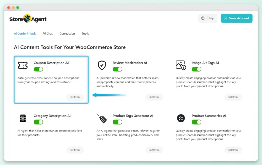 AI Coupon Description Generator-storeagent ai – StoreAgent StoreAgent AI Content Tools dashboard highlighting the Coupon Description AI module for WooCommerce stores
