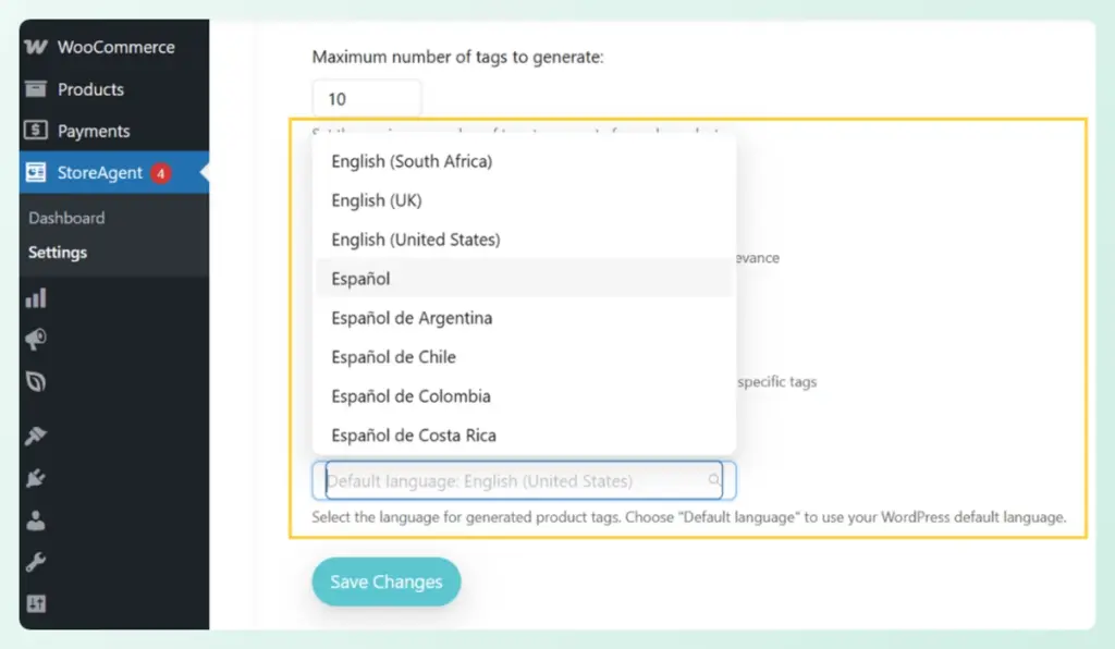 StoreAgent settings menu showing a language selection dropdown with various English and Spanish regional options.