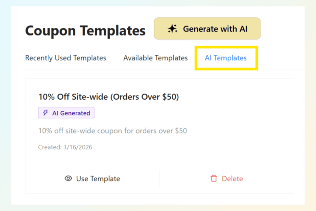 AI Templates tab in WooCommerce Advanced Coupons showing a saved 10 percent off site-wide discount template