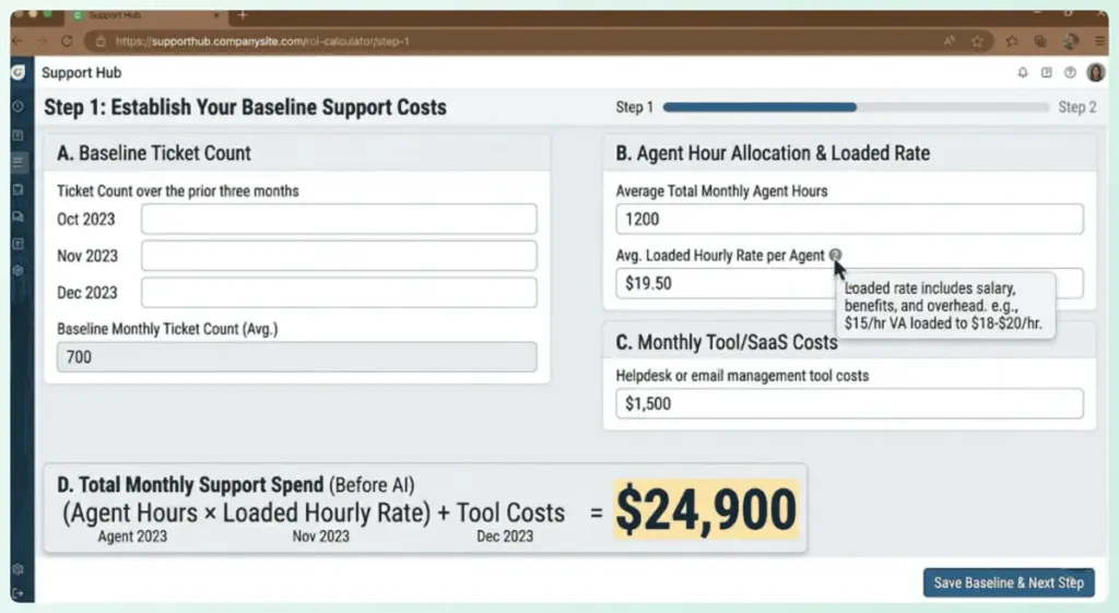 Audit your current support volume and costs-storeagent – StoreAgent Ecommerce support cost calculator showing a baseline monthly spend of ,900