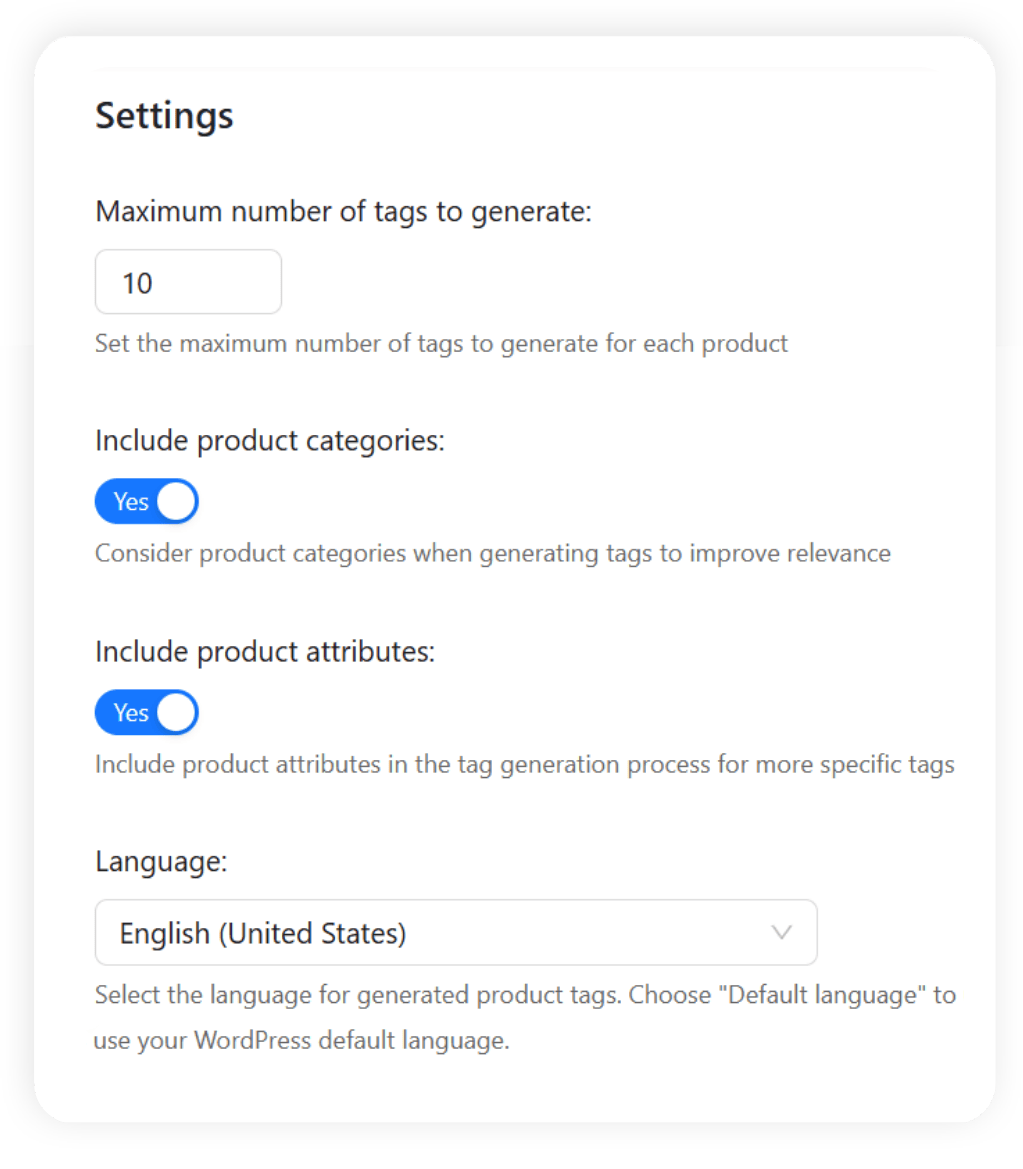 StoreAgent's AI product tag agent settings
