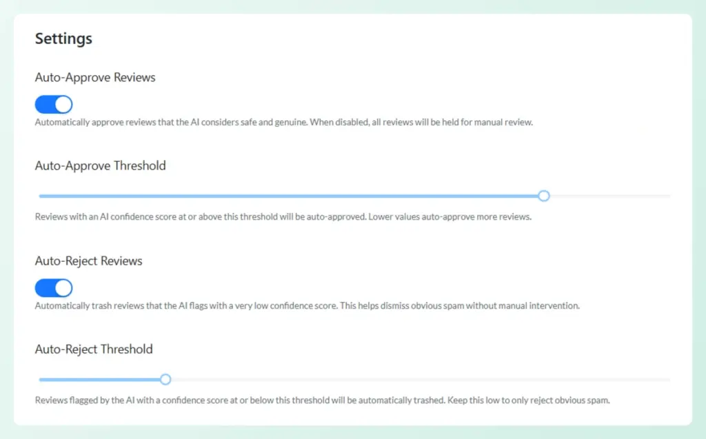 Review Moderation AI-auto approve-auto reject threshold-storeagent – StoreAgent AI review moderation settings for adjusting auto-approve and auto-reject confidence score thresholds with sliders