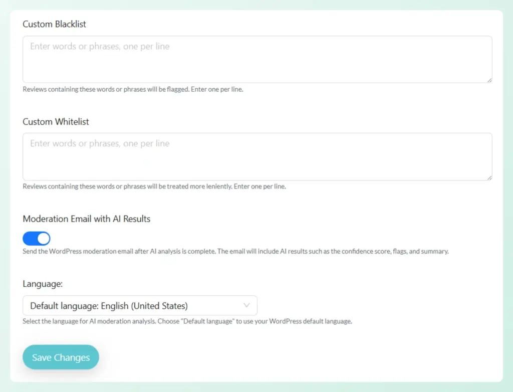 Review Moderation AI-other settings-storeagent – StoreAgent Review moderation settings for custom blacklists, whitelists, email notifications, and AI analysis language