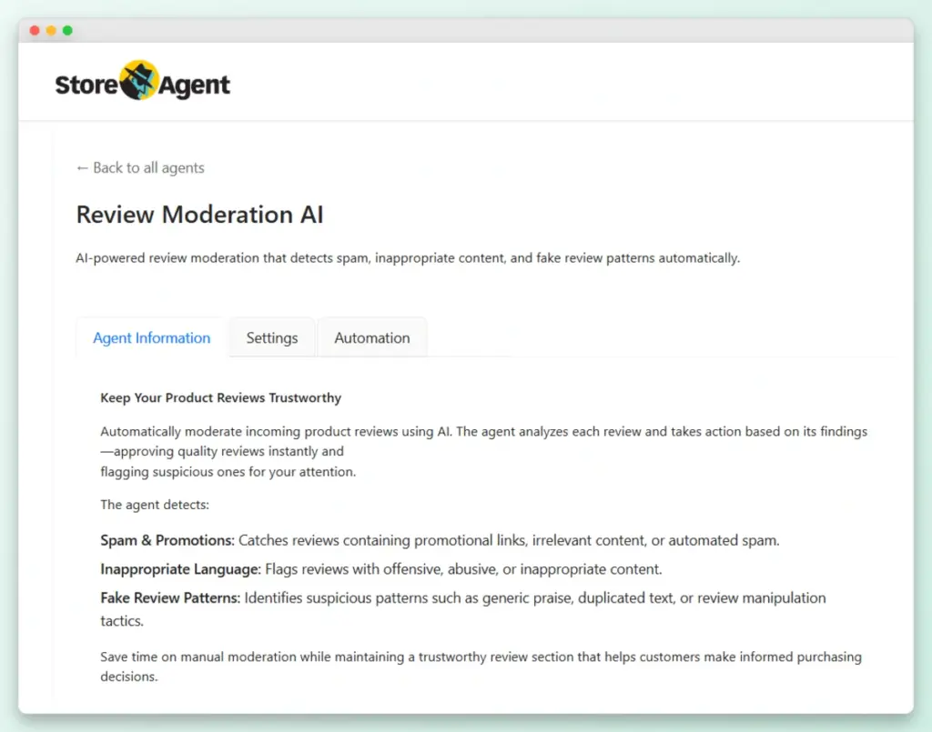 Review Moderation AI-storeagent – StoreAgent StoreAgent AI review moderation dashboard showing automated spam and inappropriate content detection options