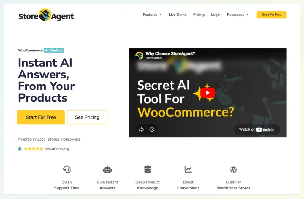 StoreAgent AI chatbot dashboard showing WooCommerce product catalog integration and automated reply settings.