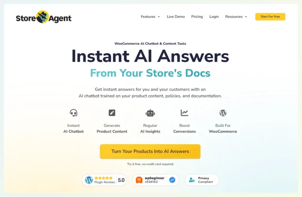StoreAgent homepage showing WooCommerce AI chatbot and content tools for instant store answers.