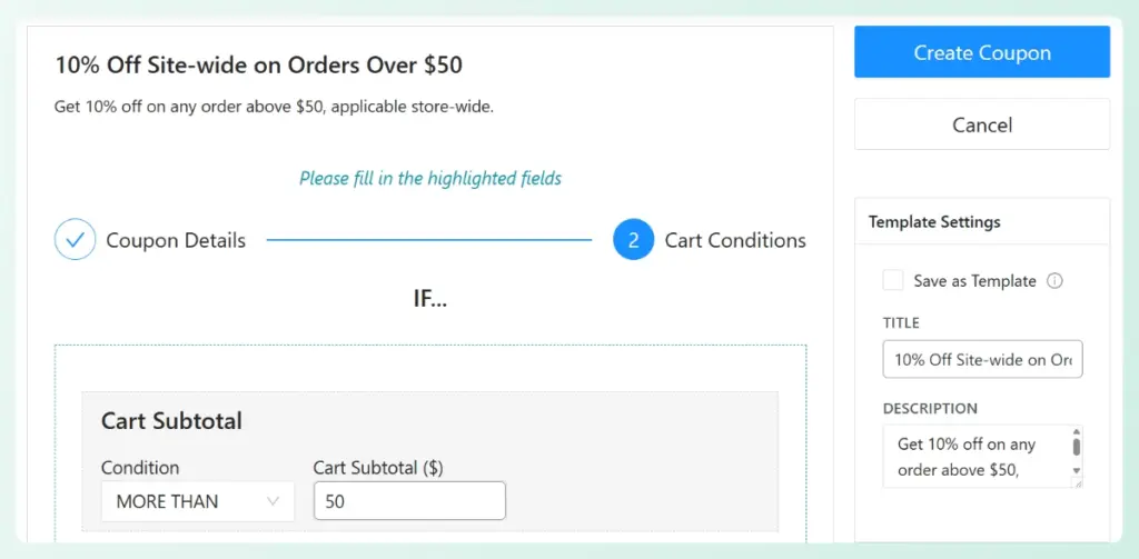 WooCommerce cart conditions automatically configured by AI requiring a cart subtotal of more than 50 dollars
