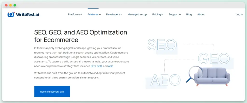 WriteText.ai SEO GEO and AEO optimization tools for enhancing ecommerce search visibility across channels.