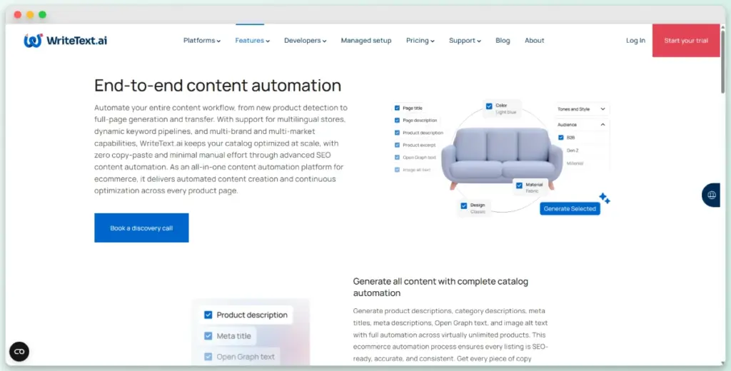 WriteText.ai dashboard for end-to-end content automation selecting SEO meta titles and brand tone.