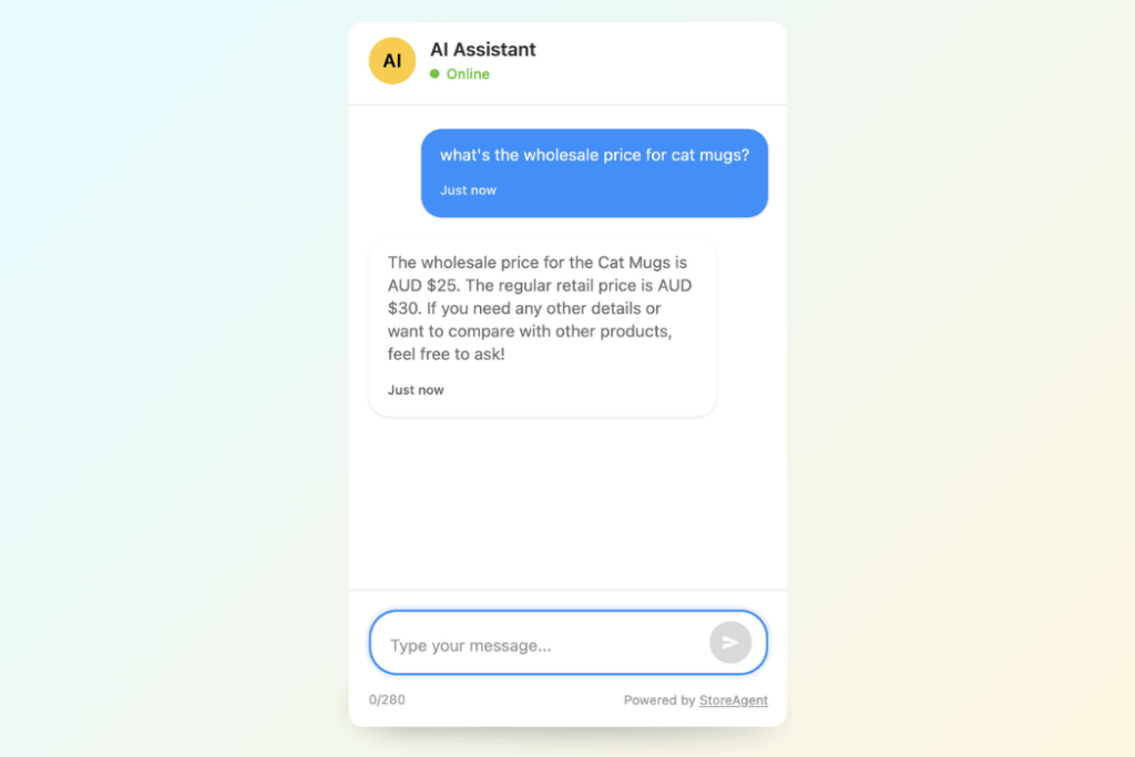 AI Assistant chatbot window displaying wholesale and retail prices for cat mugs in AUD