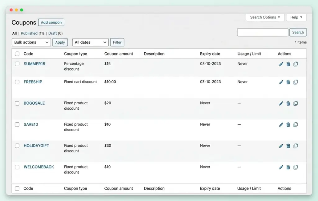empty woocommerce coupon description fields-storeagent – StoreAgent WooCommerce coupon list view with blank description columns highlighting the need for automated summaries