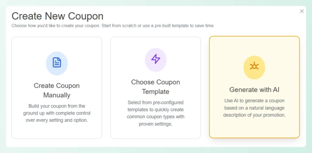 Start by selecting "Generate with AI" in the WooCommerce coupon creation window to let StoreAgent build your promotion.