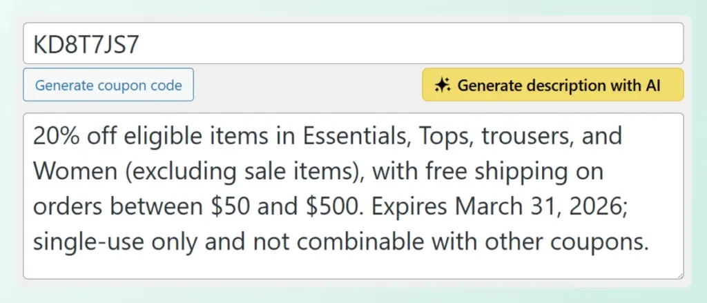generated coupon description-storeagent – StoreAgent WooCommerce coupon editor showing a text summary generated by StoreAgent AI based on configured discount rules.