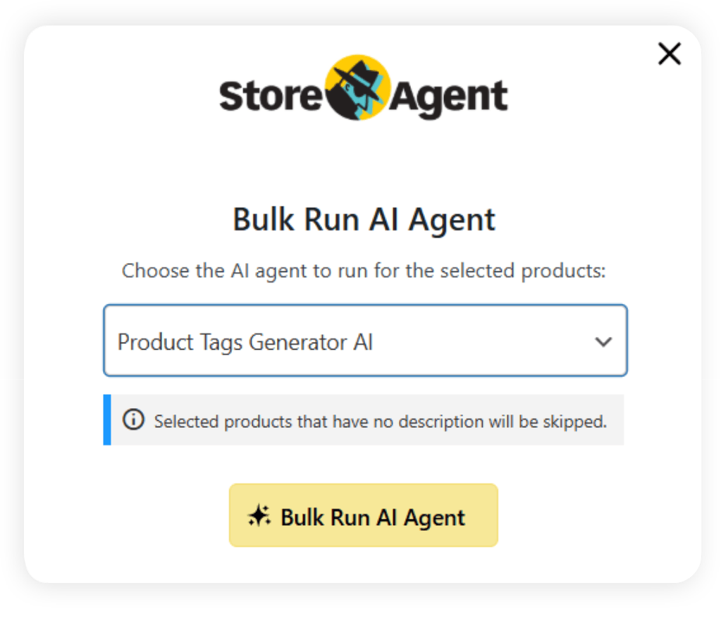 StoreAgent AI Product Tag Agent button in product editor