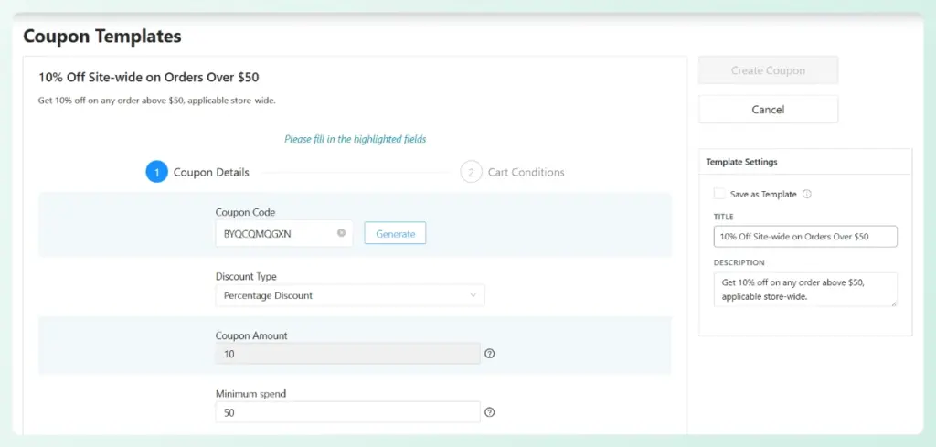 WooCommerce coupon details page showing a 10 percent discount automatically generated by StoreAgent AI