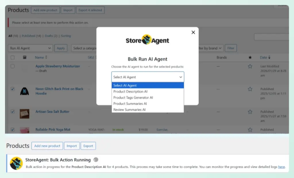 StoreAgent bulk action menu in WooCommerce for running AI description and review summary agents.