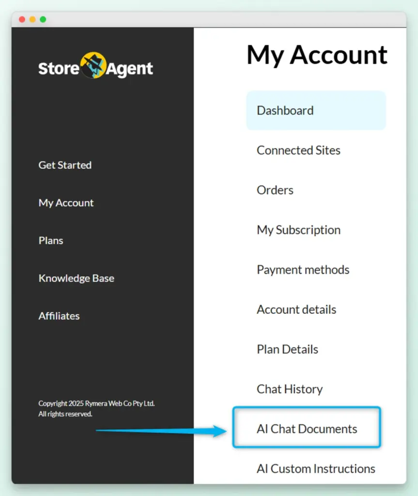 StoreAgent My Account sidebar menu highlighting the AI Chat Documents tab for WooCommerce chatbot setup.