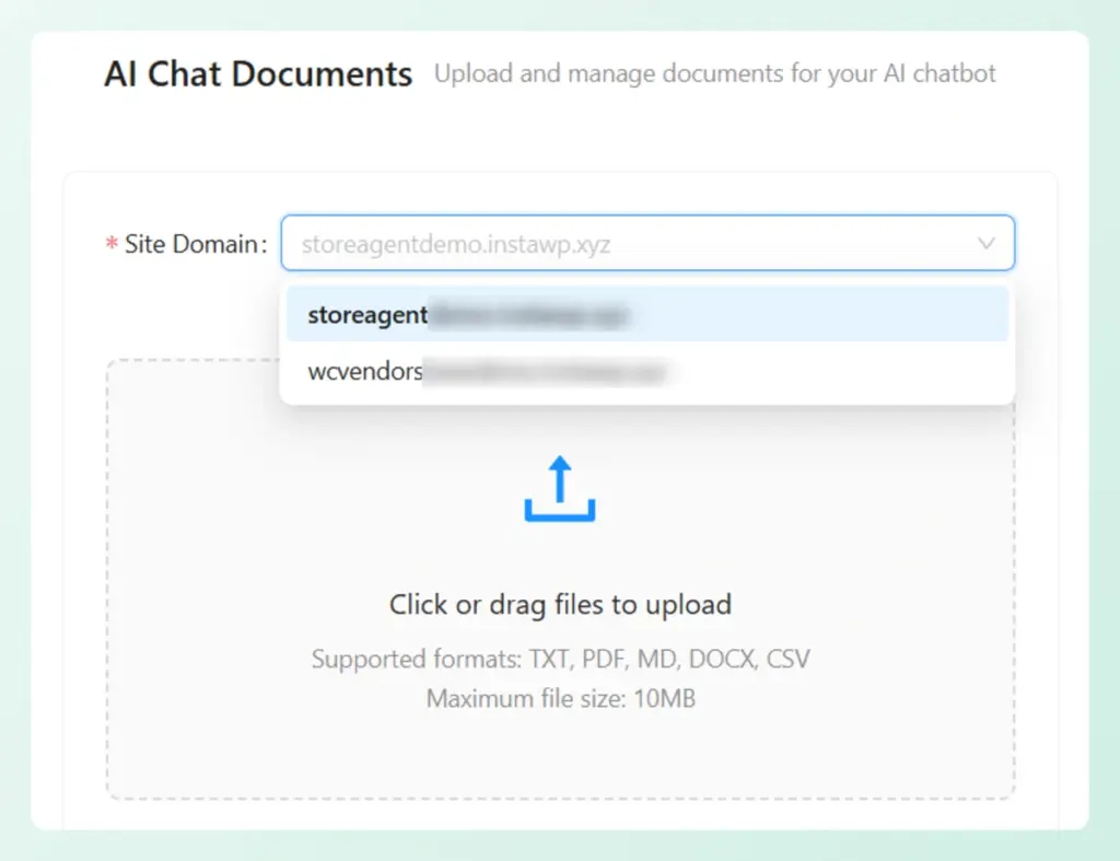 StoreAgent site domain dropdown selector for assigning uploaded documents to specific WooCommerce stores