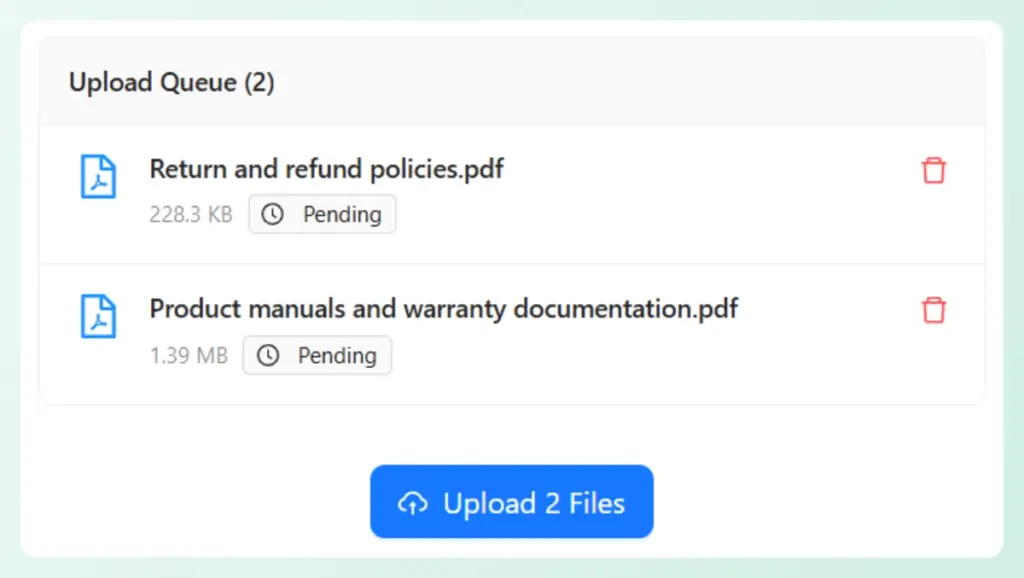 StoreAgent file upload queue displaying pending PDF documents for return policies and product manuals