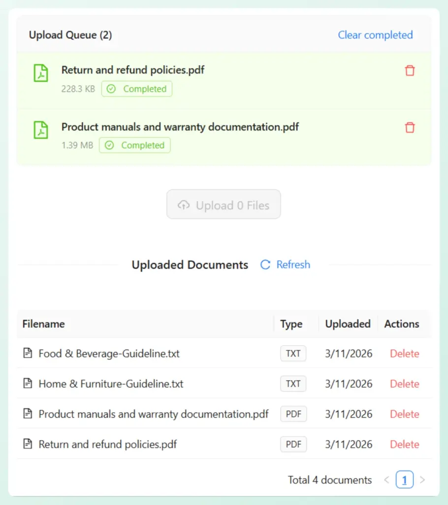 StoreAgent dashboard showing successfully uploaded WooCommerce store policies and manuals with delete options