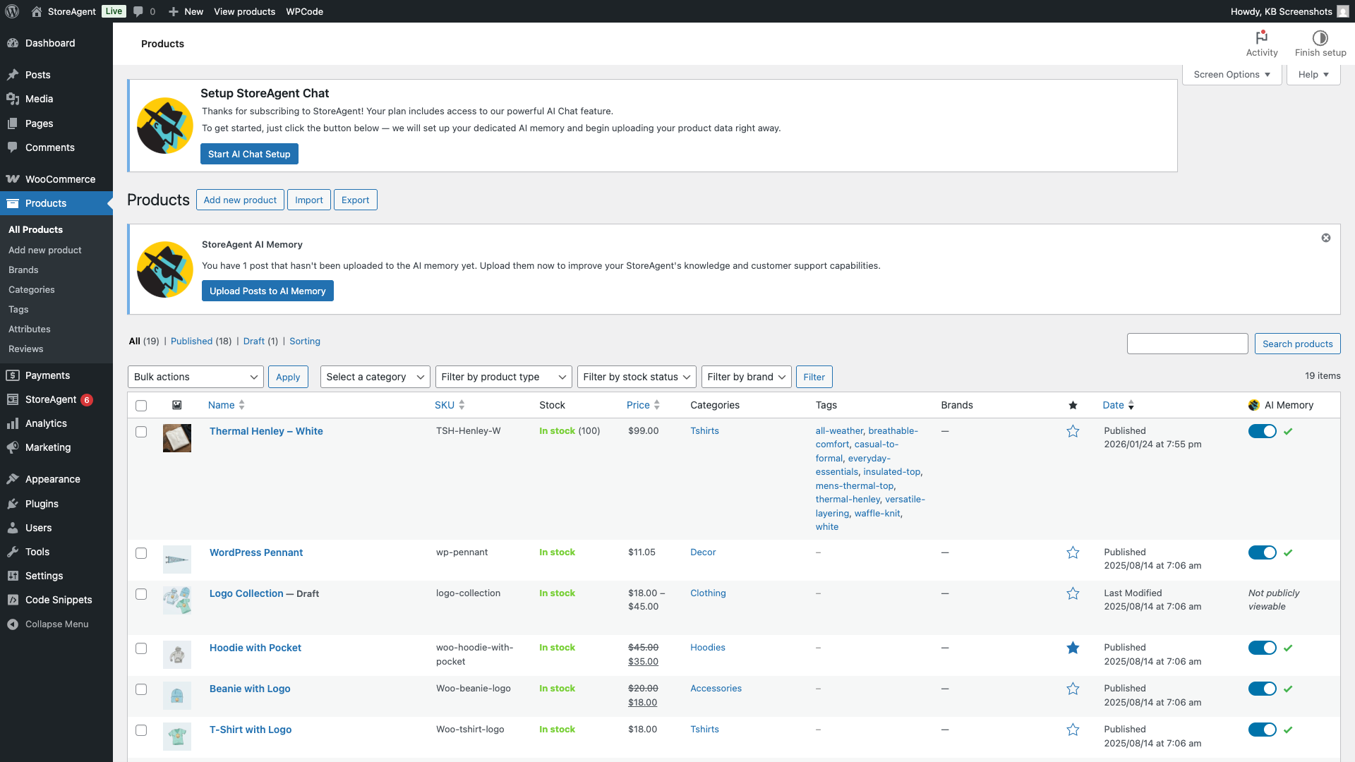 storeagent-ai-memory-setup-notice-start-button – StoreAgent StoreAgent AI Memory setup notice in WordPress admin with Start AI Chat Setup button