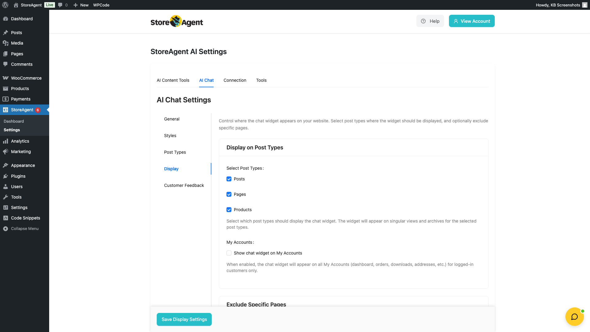 storeagent-chat-settings-display-tab – StoreAgent Display tab showing the post type checkboxes and the Exclude Pages field