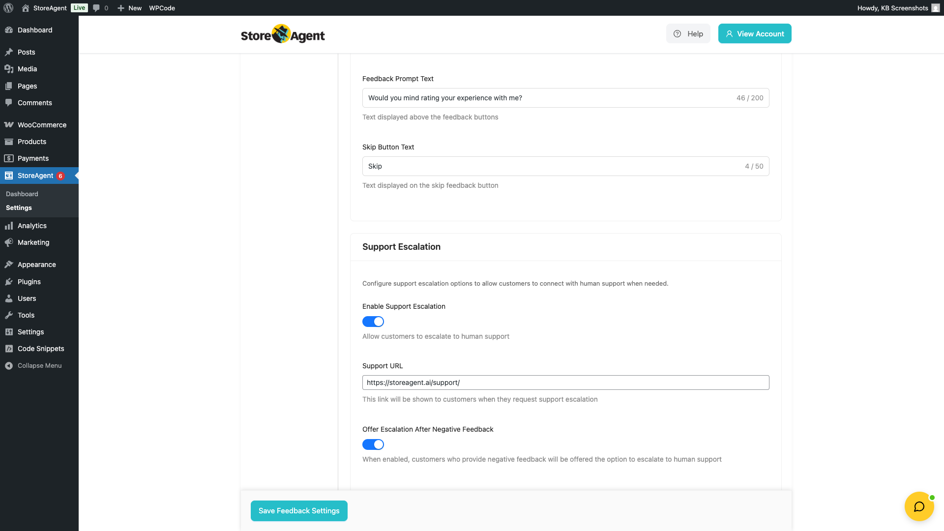 storeagent-chat-settings-escalation-tab – StoreAgent Support Escalation section showing the Enable Support Escalation toggle and Support URL field