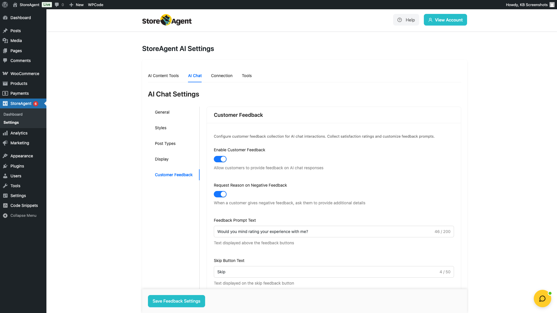 storeagent-chat-settings-feedback-tab – StoreAgent Feedback tab showing the Enable Customer Feedback toggle and the conditional settings below it