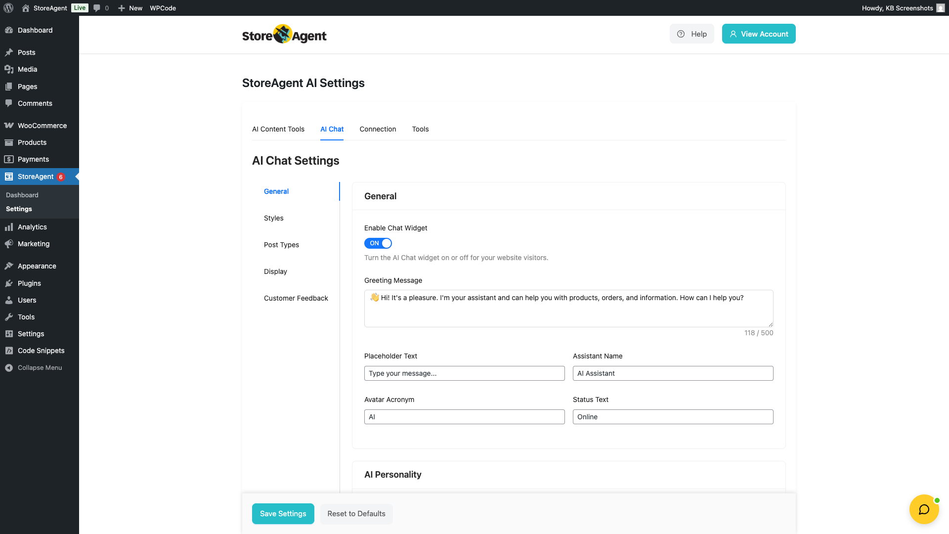 storeagent-chat-settings-general-tab – StoreAgent General tab showing the General and AI Personality sections