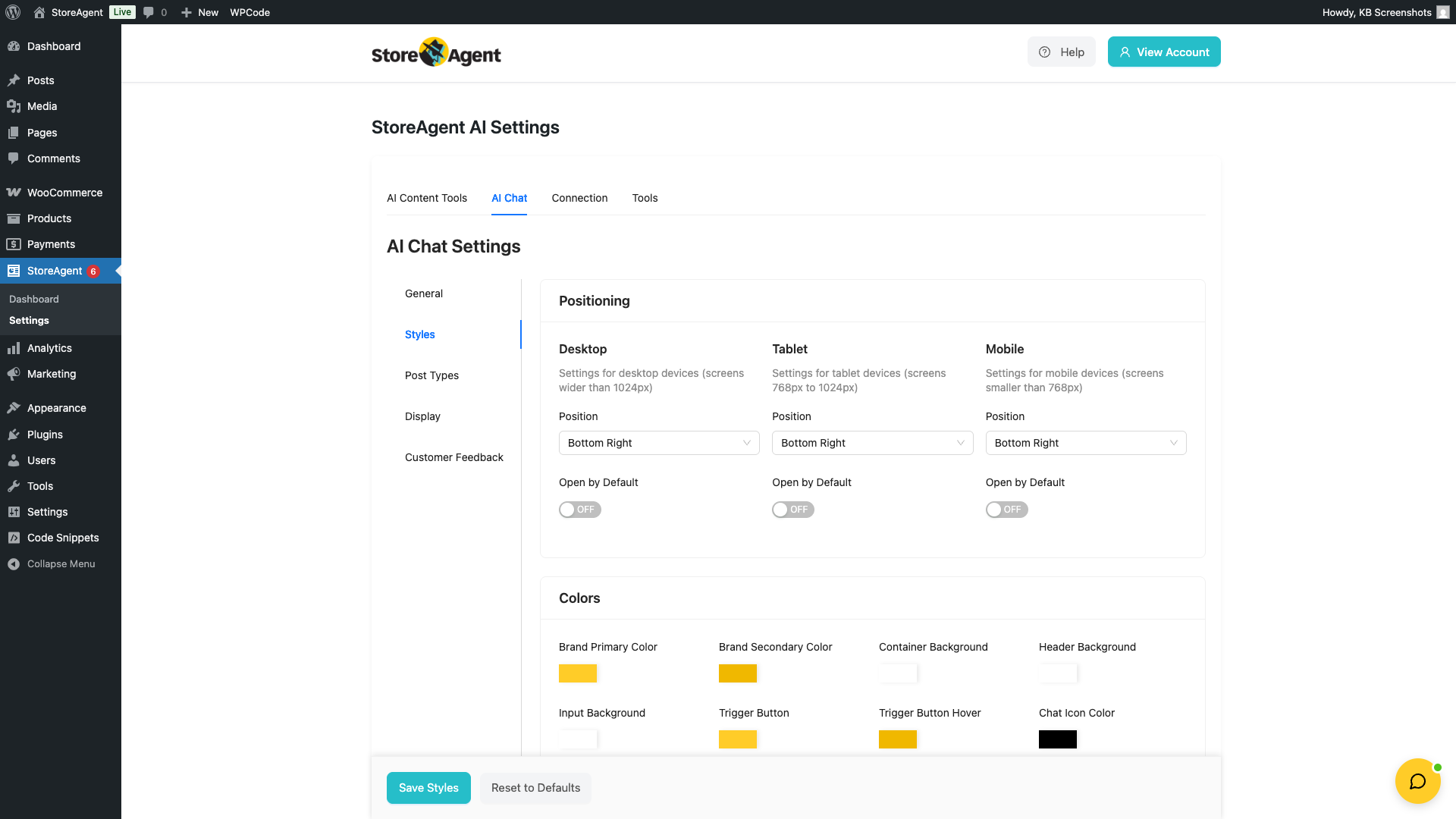 storeagent-chat-settings-styles-tab – StoreAgent Styles tab showing Positioning controls for Desktop, Tablet, and Mobile, and the Colors section with colour pickers
