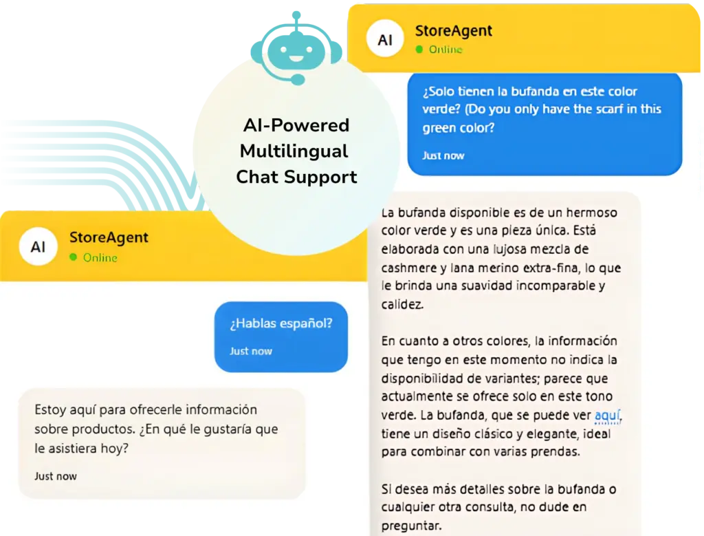 Multilingual AI chatbot interface showing a customer support conversation happening entirely in Spanish.