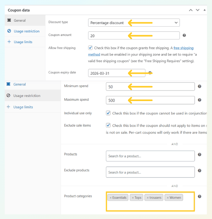 woocommerce coupon setup-storeagent – StoreAgent WooCommerce coupon settings menu showing discount types, spend limits, and categories selected for an active promotion