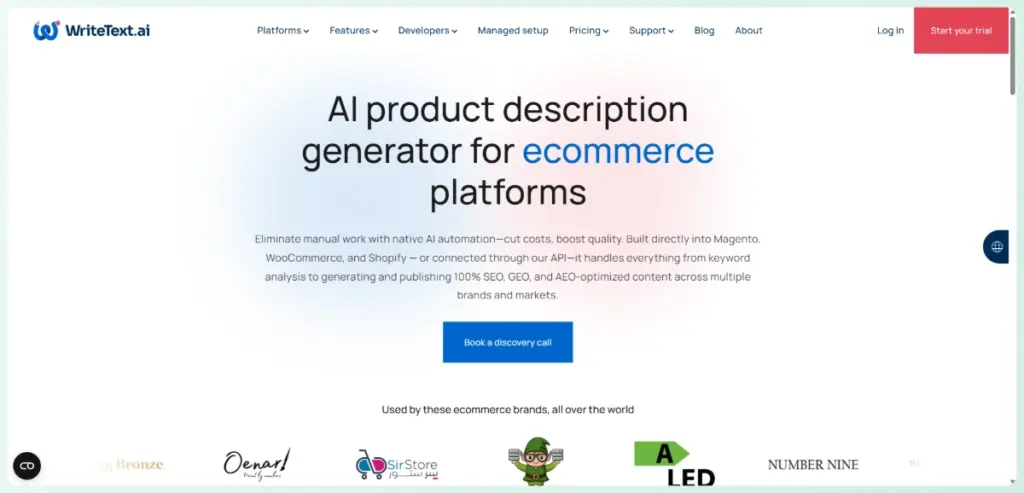 WriteText.ai website interface for ecommerce SEO content generation