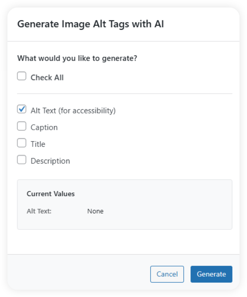 Modal: Generate Image Alt Tags with AI; Alt Text (selected) plus Caption, Title, Description options with Cancel and Generate actions.