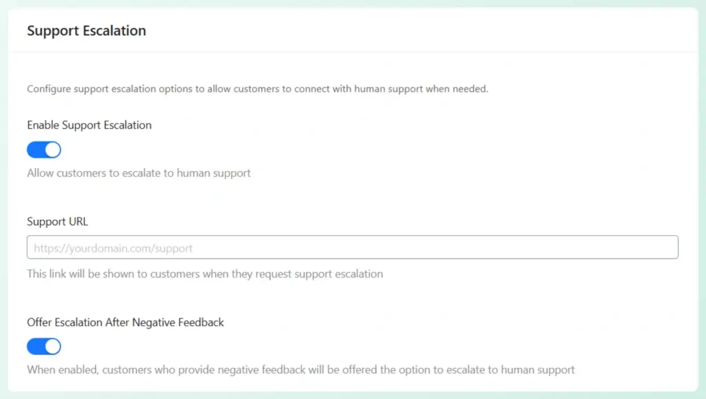 Support Escalation settings with Enable toggle, Support URL field, and Offer escalation after negative feedback toggle.