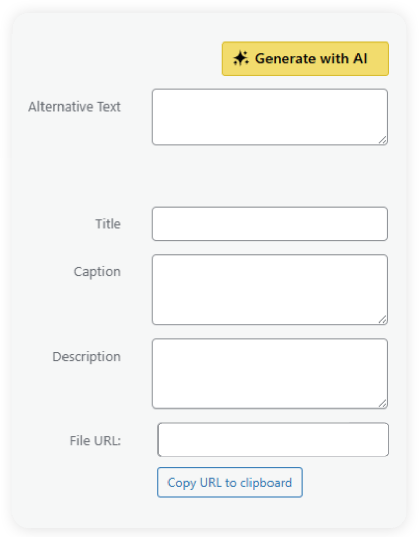 Form titled 'Generate with AI' area showing fields for Alternative Text, Title, Caption, Description, and File URL with a 'Copy URL to clipboard' button; yellow AI button at top-right and rounded form container.